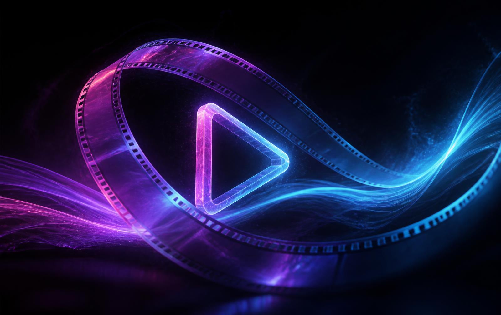 Abstract violet and cyan light ribbons forming a film strip and play button